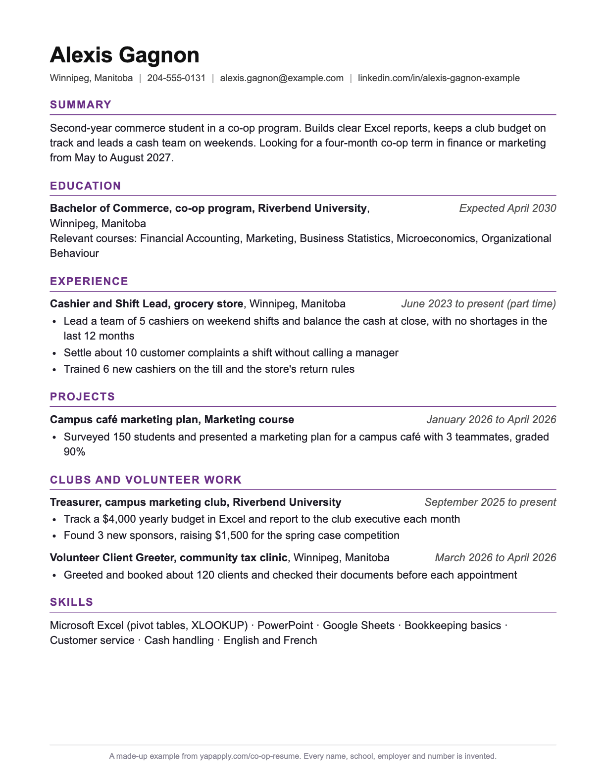 Business co-op resume example for Alexis Gagnon, a made-up commerce student. One page: contact details, a summary that names the co-op term wanted, education first, then a part-time grocery store job as a shift lead, a marketing course project, a club treasurer role, tax clinic volunteering and a skills list.