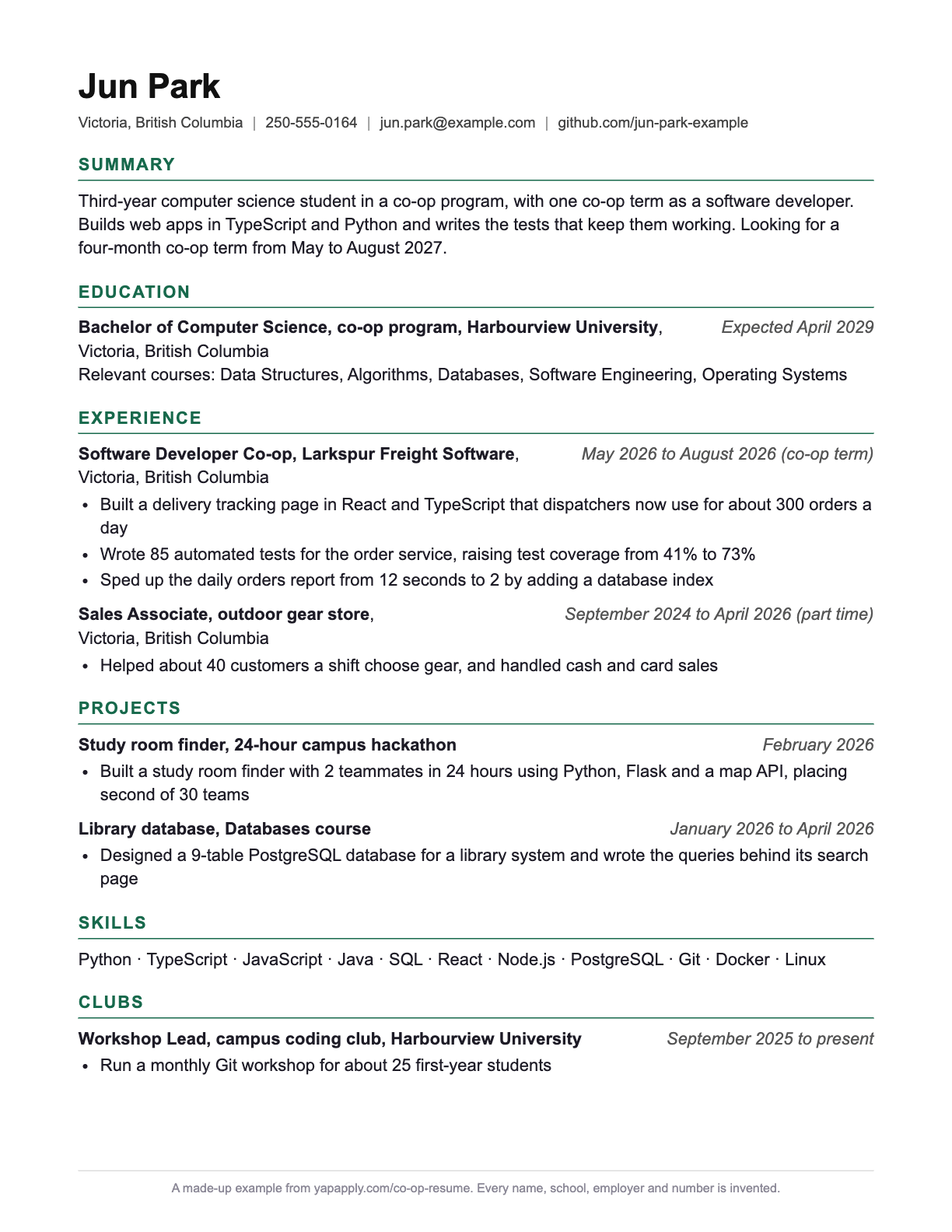 Computer science co-op resume example for Jun Park, a made-up third-year student. One page: contact details with a GitHub link, a summary that names the co-op term wanted, education first, then a finished software developer co-op term, a part-time sales job, a hackathon project, a course database project, a skills list and a coding club role.