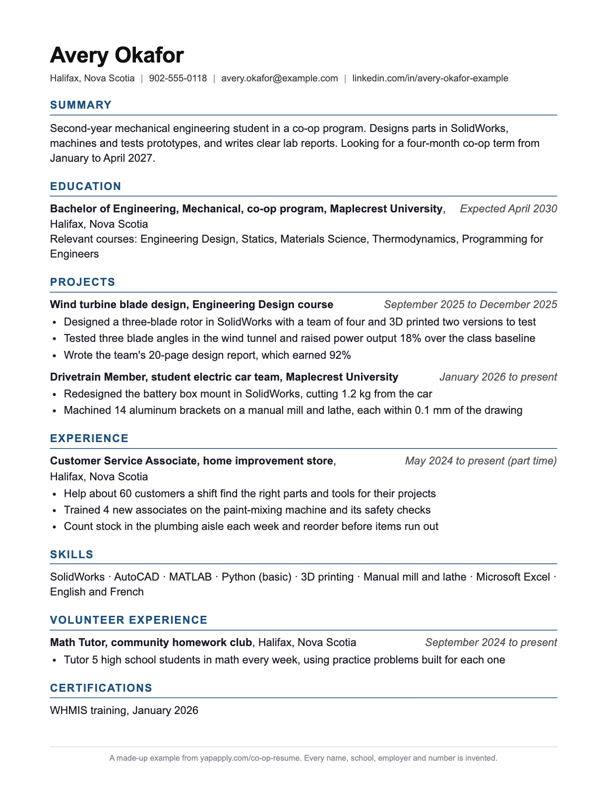 Engineering co-op resume example for Avery Okafor, a made-up student: one of the three examples further down this page, each with its text.