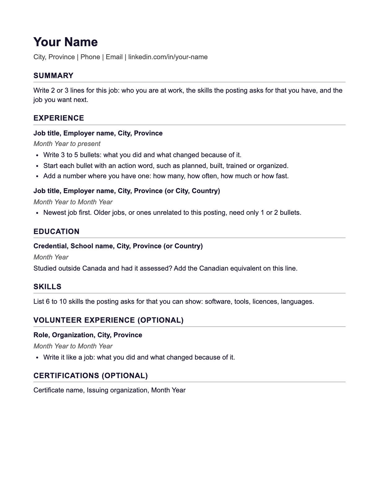 The free Canadian resume template: one page with your name and contact line, then Summary, Experience, Education, Skills, Volunteer experience and Certifications, each with instructions on what to write.